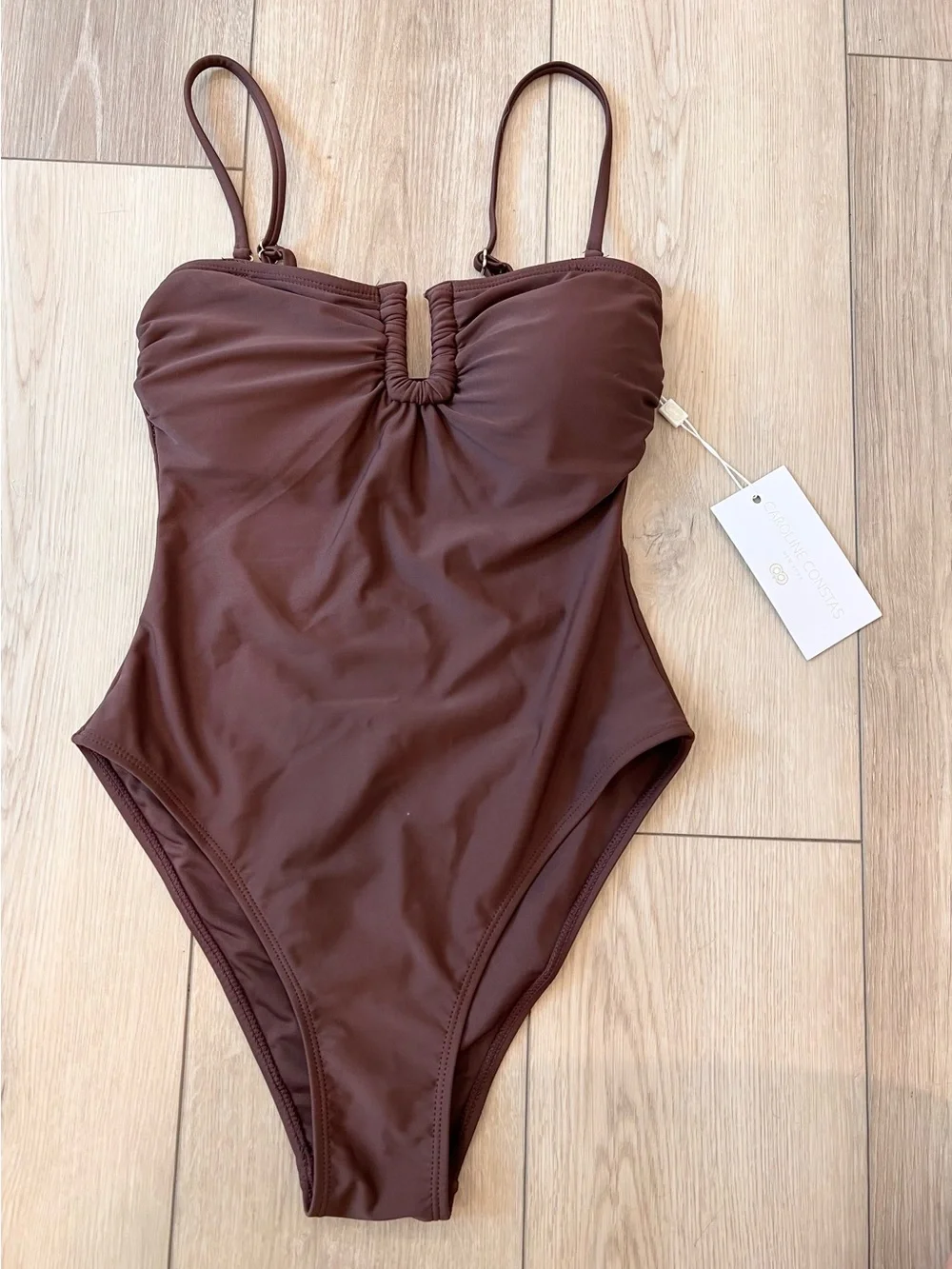 Caroline Constas🤎 Brown Ruched V-Notch One-Piece Swimsuit